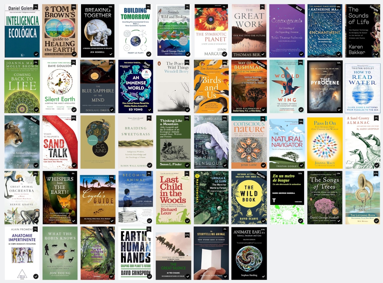 A grid of book covers selected by Fred Adam on ecological intelligence and related themes